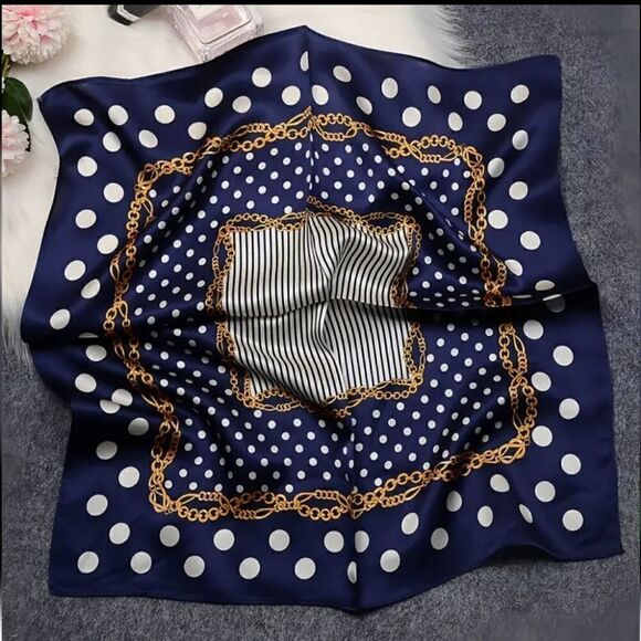 Women Silky Scarf Square Chain Print Polka Dot Navy Blue Head Scarf Satin Shawl - Picture 2 of 4